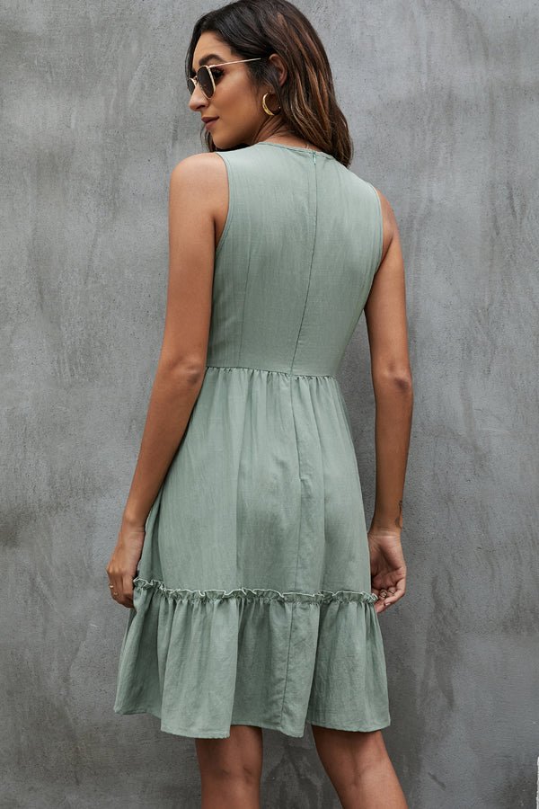 V Neck Solid Color Ruffle Hem Mini Dress - Image 5