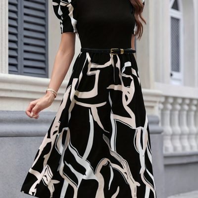 Graphic Print Mock Neck Dres, Elegant Short Sleeve A-line Dress For Spring & Summer, Women??s Clothing