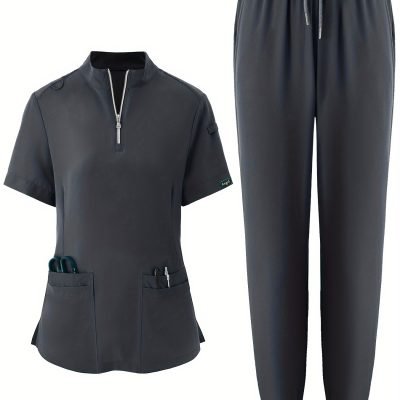 Solid Color Two-piece Scrub Set, Zip Front Short Sleeve Pockets Scrub Top & Drawstring Pants Outfits For Medical & Health Care, Women??s Clothing