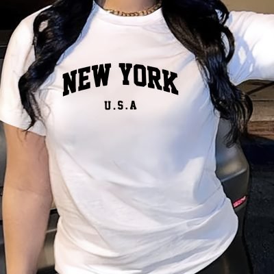 New York Letter Print T-shirt, Short Sleeve Crew Neck Casual Top For Summer & Spring, Women??s Clothing