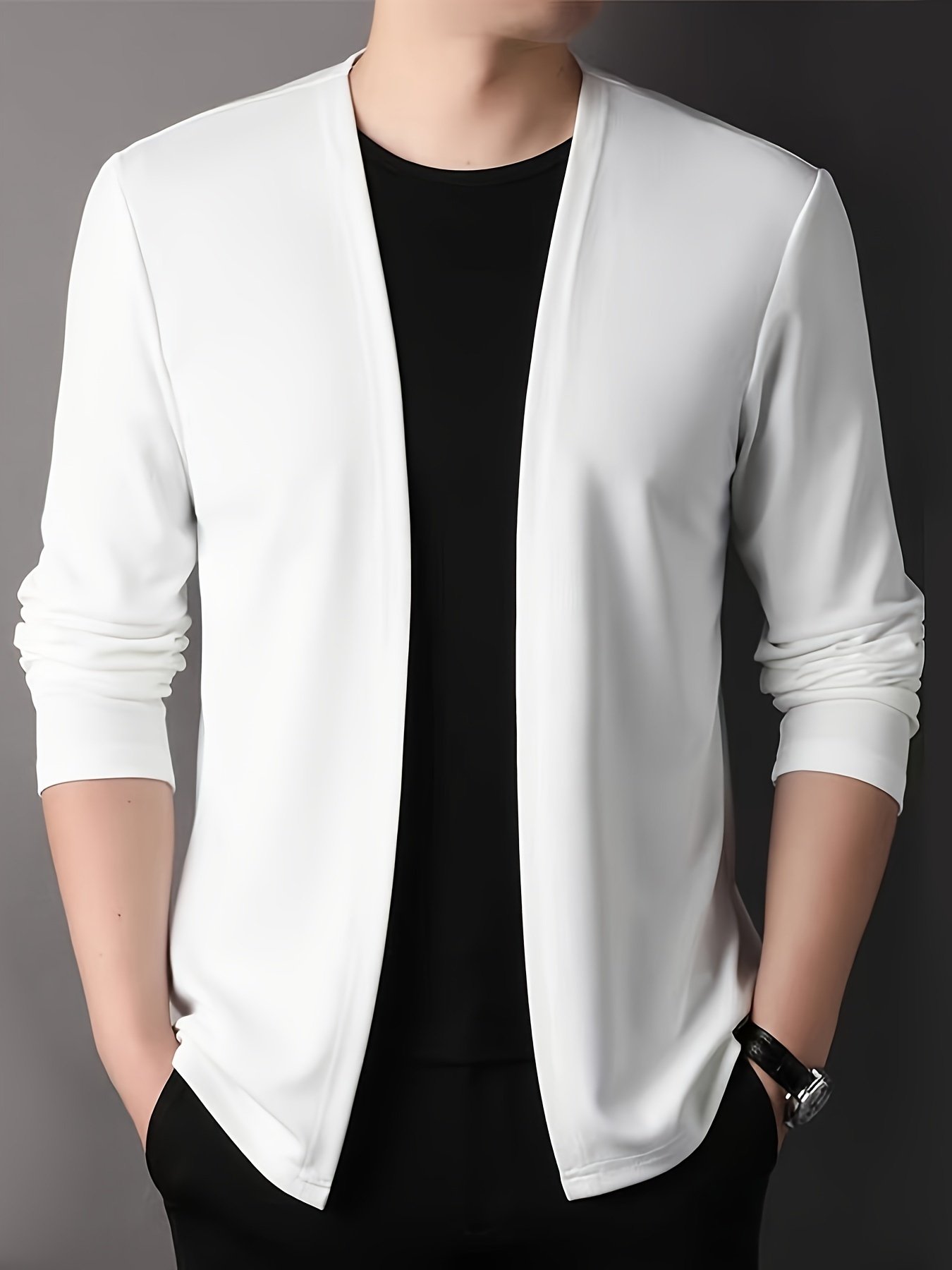 Men??s Solid Knitted Cardigan, Casual Breathable Long Sleeve Slim-fit Open Front Sweater For Outdoor Activities
