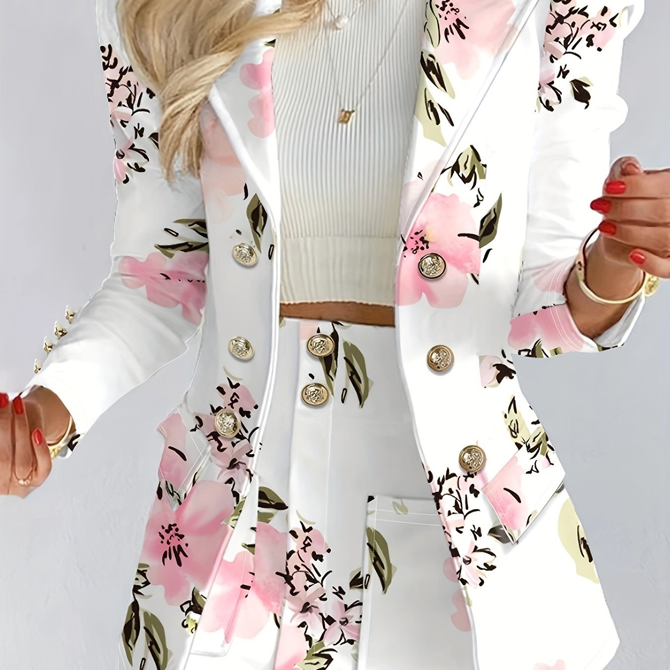 Floral Print Two-piece Suit Set, Elegant Double Breasted Blazer & Bodycon Skirt Outfits, Women??s Clothing - Image 2
