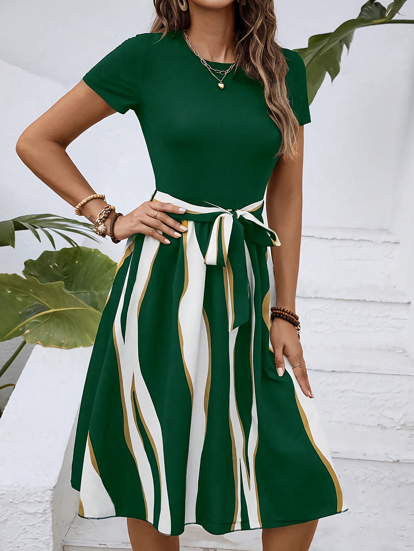 Striped Crew Neck Dress, Elegant Short Sleeve Belted A-line Dress For Spring & Summer, Women??s Clothing - Image 9