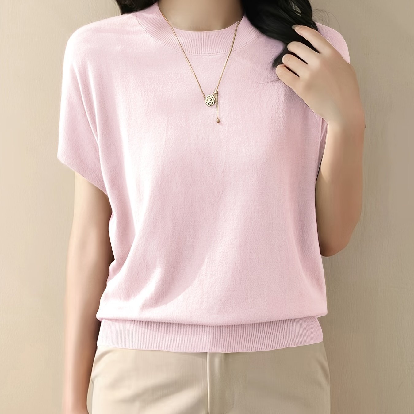 Solid Color Crew Neck Pullover Sweater, Casual Short Sleeve Ribbed Knitted Sweater For Every Day, Women??s Clothing - Image 7
