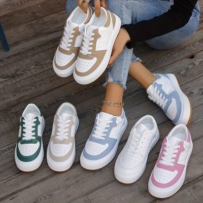 Women??s Colorblock Casual Sneakers, Lace Up Platform Soft Sole Skate Shoes, Versatile Low-top Sporty Trainers