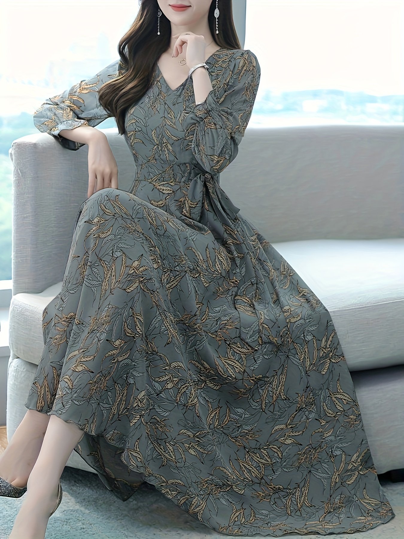 Floral Pattern Midi Dress, Vintage V Neck Long Sleeve Dress, Women??s Clothing - Image 3