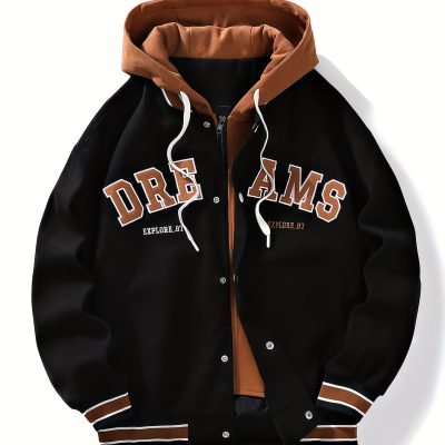 Men??s Casual Hooded Varsity Jacket, Street Style Letter Print Jacket For School