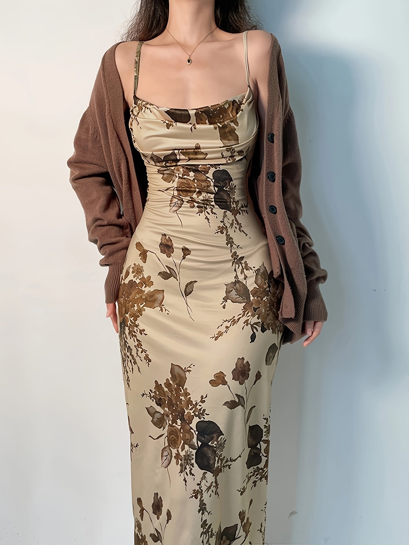 Floral Print Ruched Dress, Sexy Spaghetti Strap Bodycon Dress, Women??s Clothing