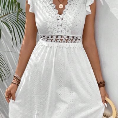 Solid Color Flutter Sleeve Hollow Waist Casual Dress