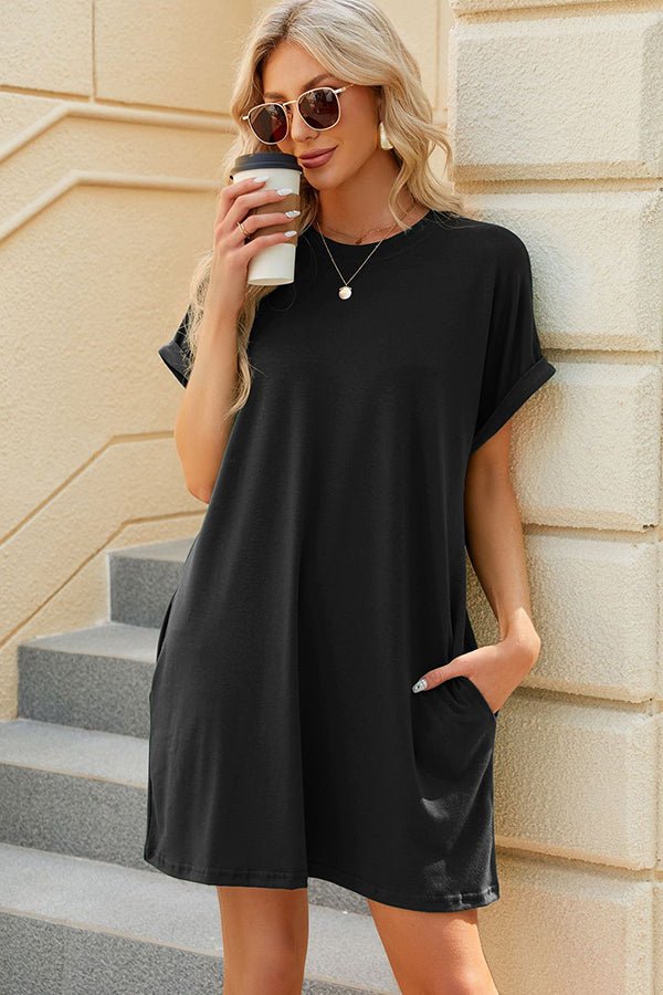 Solid Black Short Sleeve Loose Style Dress - Image 3