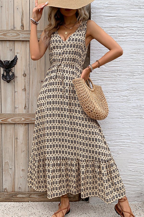 Fashion Printed V Neck Sleeveless Maxi Dress