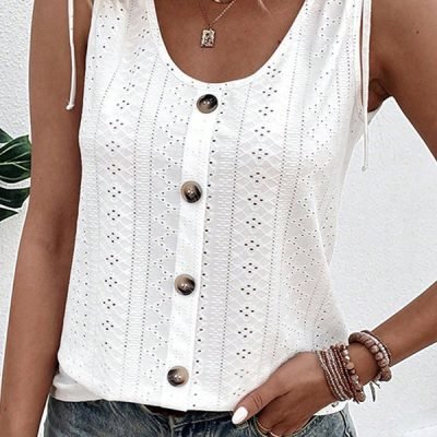 Solid Color U Neck Drawstring  Casual Tops