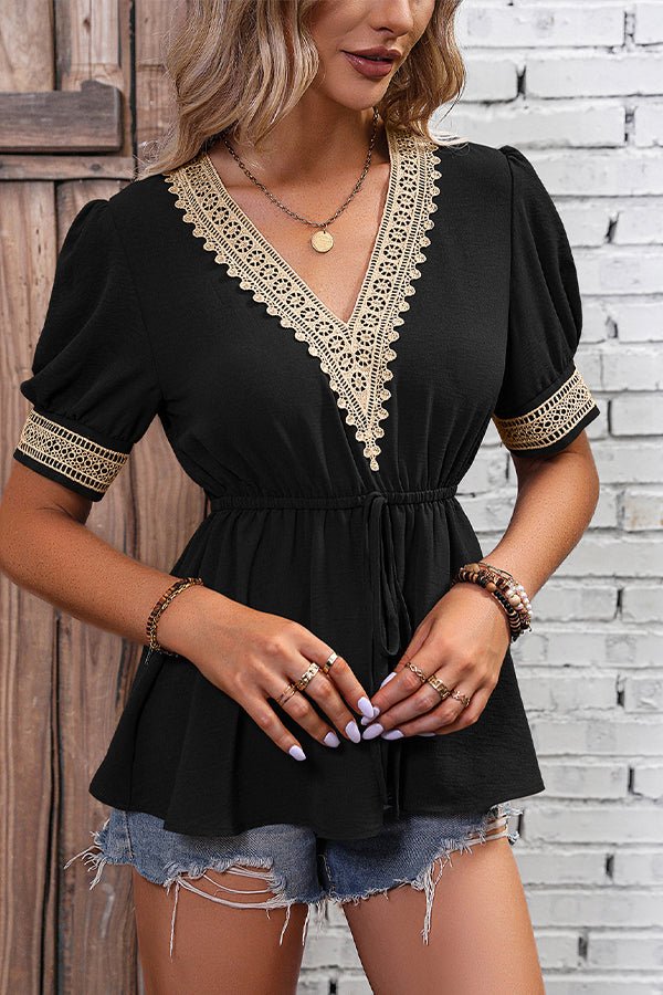 Solid Color Patchwork Tie Waist Causal Tops - Image 4