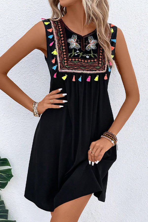 Solid Bohemia Print Patchwork Round Neck Mini Dress - Image 2