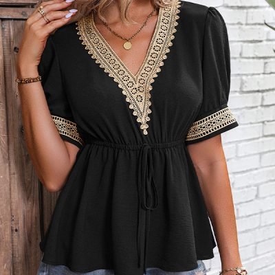 Solid Color Patchwork Tie Waist Causal Tops