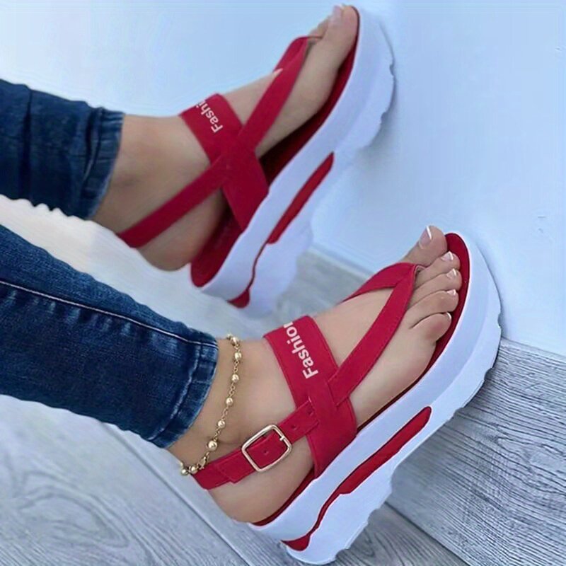 Women??s Platform Thong Sandals, Solid Color Letter Buckle Strap Slingback Shoes, Outdoor Summer Sandals - Image 5