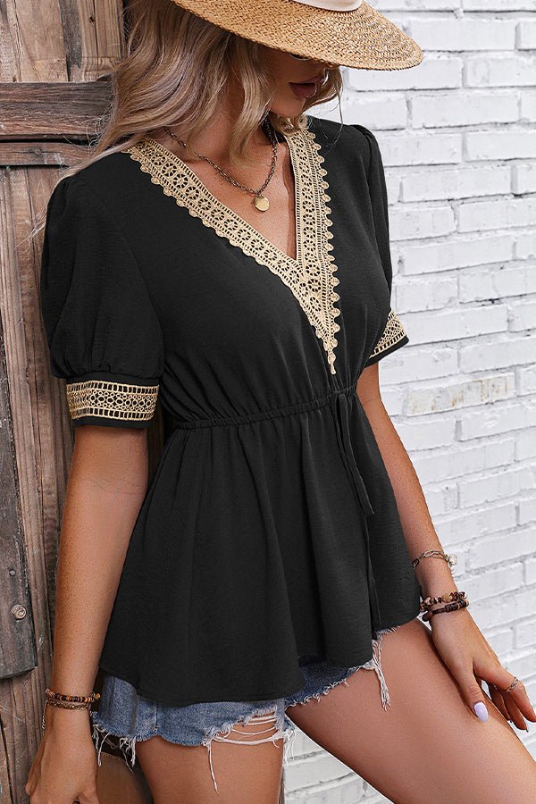 Solid Color Patchwork Tie Waist Causal Tops - Image 2