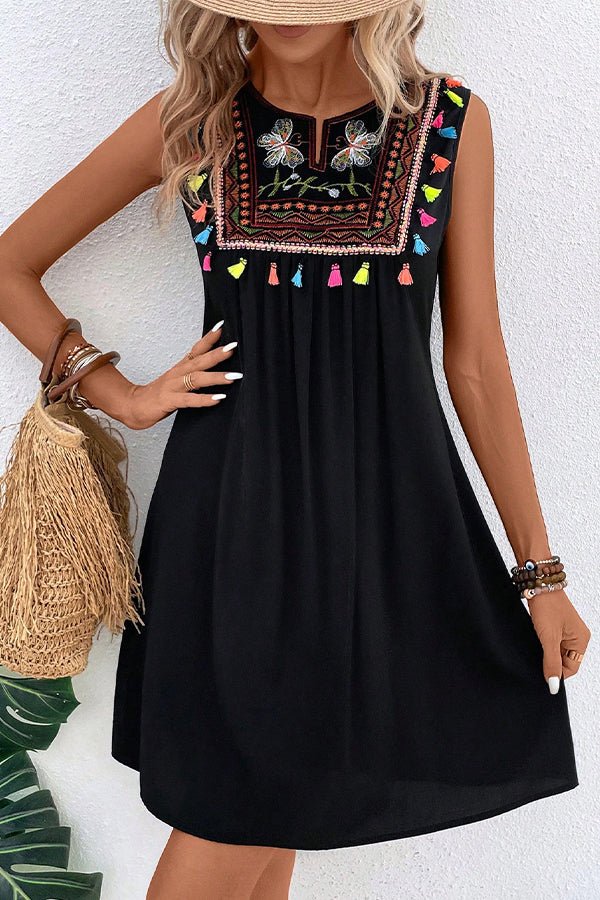 Solid Bohemia Print Patchwork Round Neck Mini Dress