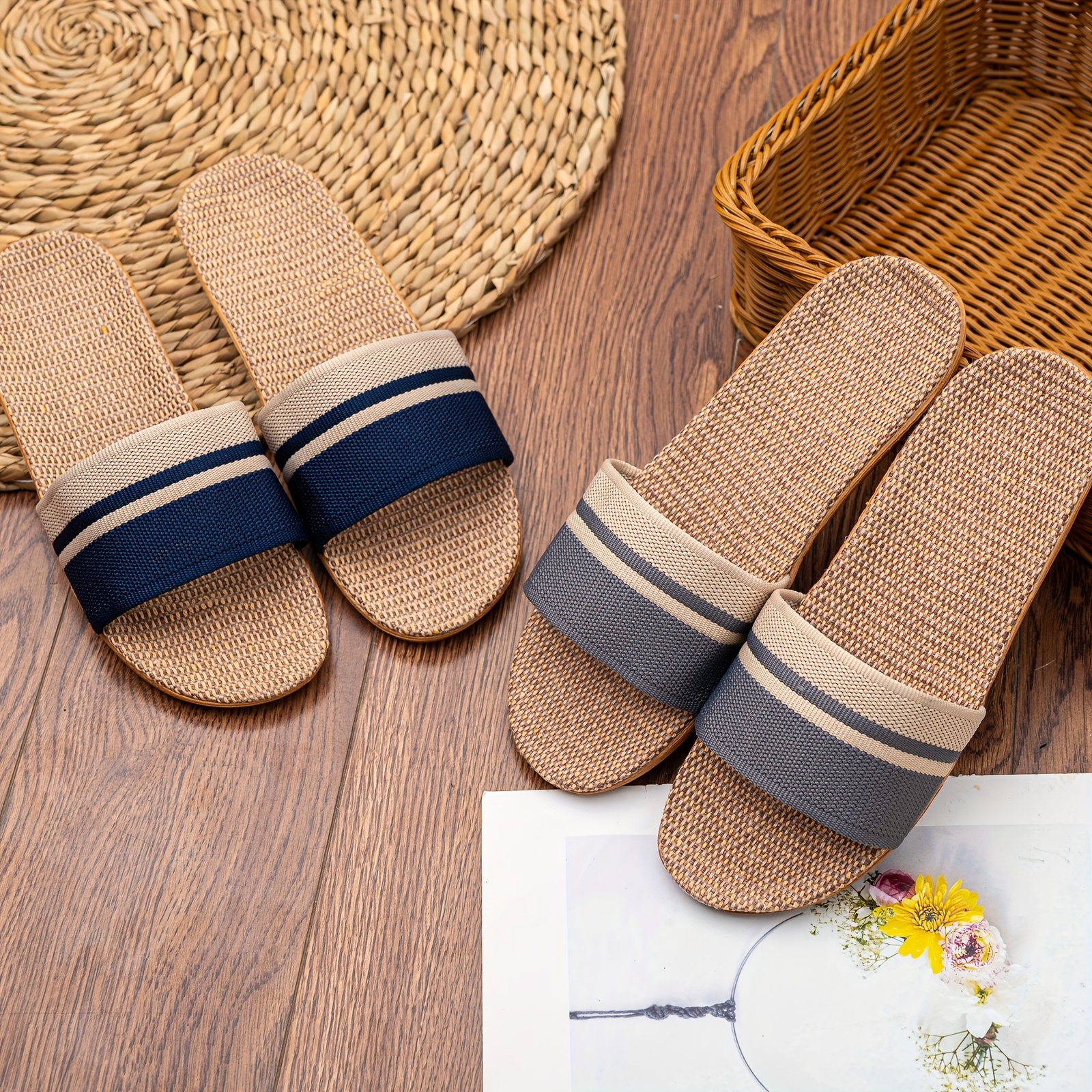 Striped Pattern Slides, Casual Open Toe Flat Summer Shoes, Comfortable Indoor Home Slides - Image 6