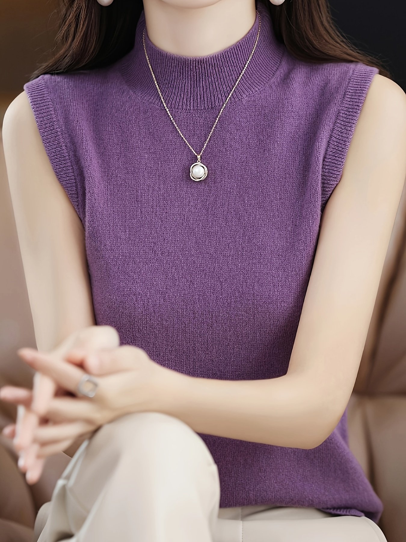 Solid Knit Mock Neck Tank Top, Casual Sleeveless Tank Top, Women??s Clothing - Image 14