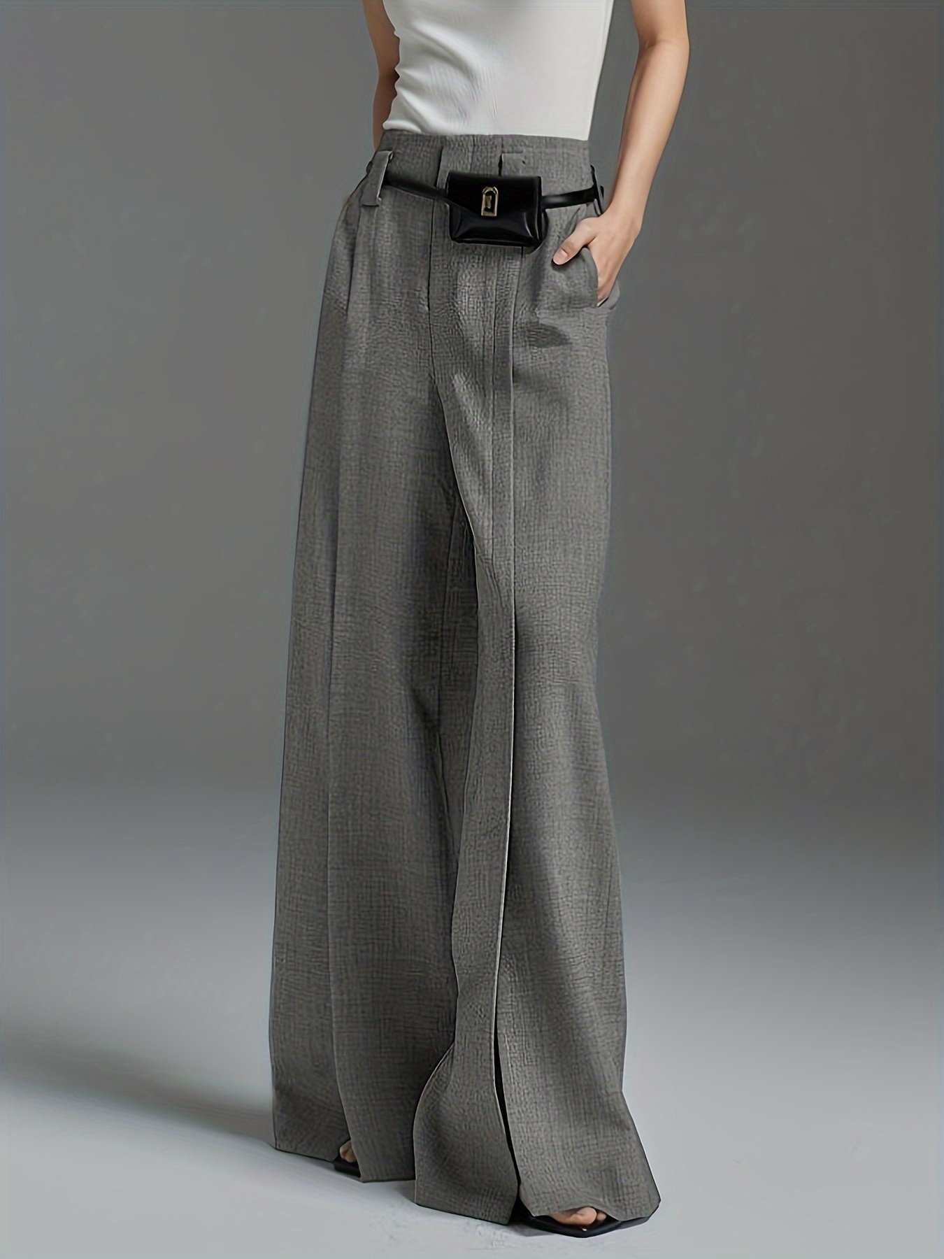 Solid Color Wide Leg Pants, Casual Split Hem Loose Suit Pants For Spring & Summer, Women??s Clothing - Image 6