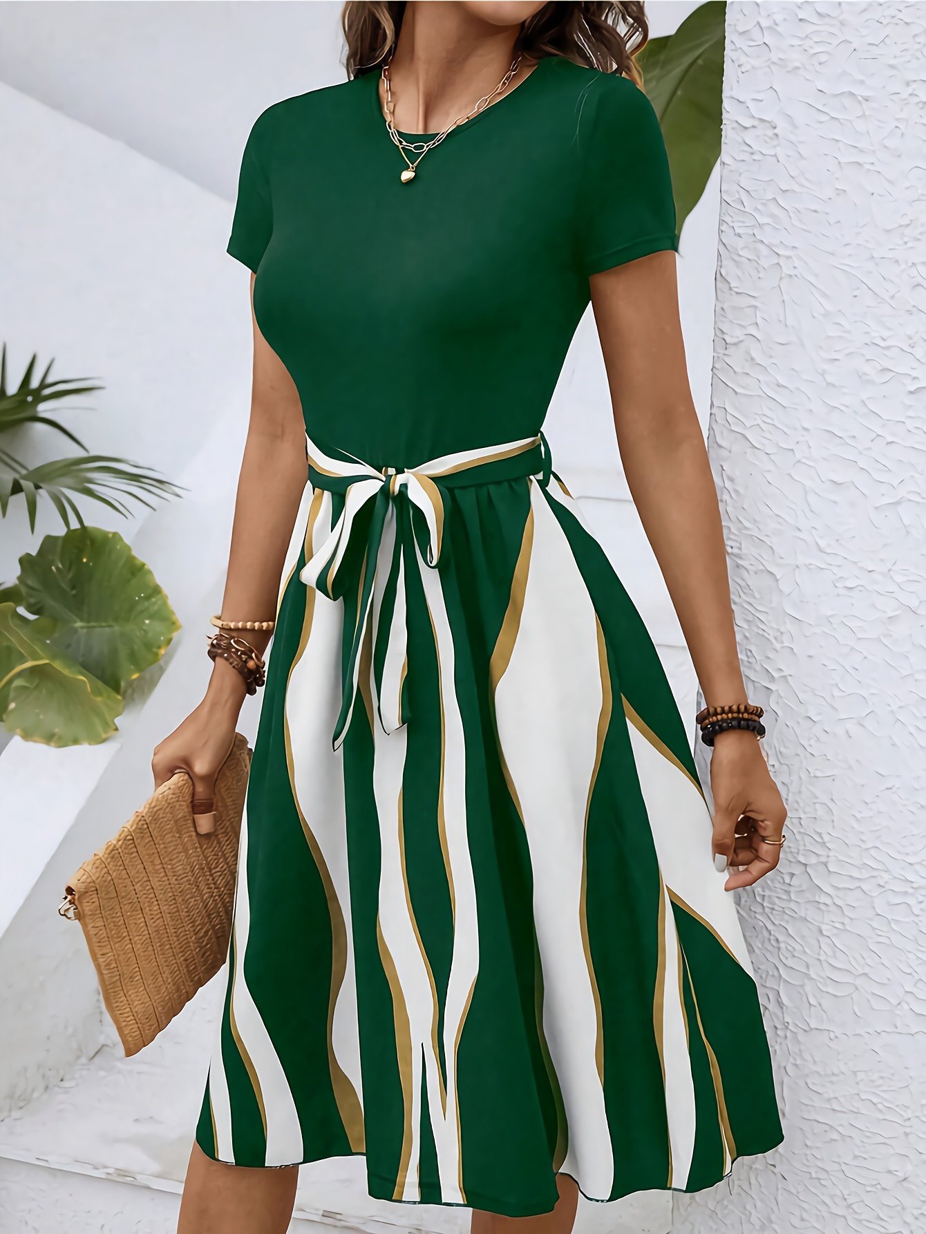 Striped Crew Neck Dress, Elegant Short Sleeve Belted A-line Dress For Spring & Summer, Women??s Clothing - Image 7