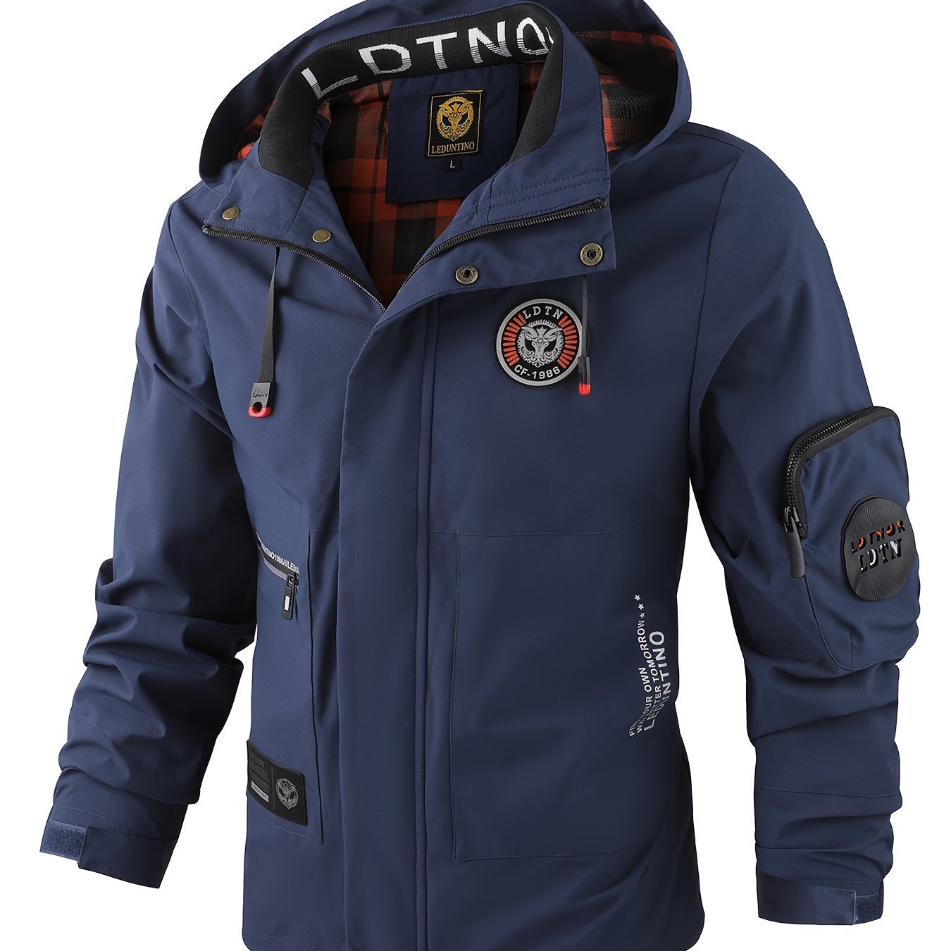 Multiple Pocket Design Men??s Embroidery Long Sleeve Zip Up Drawstring Hooded Jacket, Men??s Stand Collar Thin Jacket For Spring Outdoor - Image 2