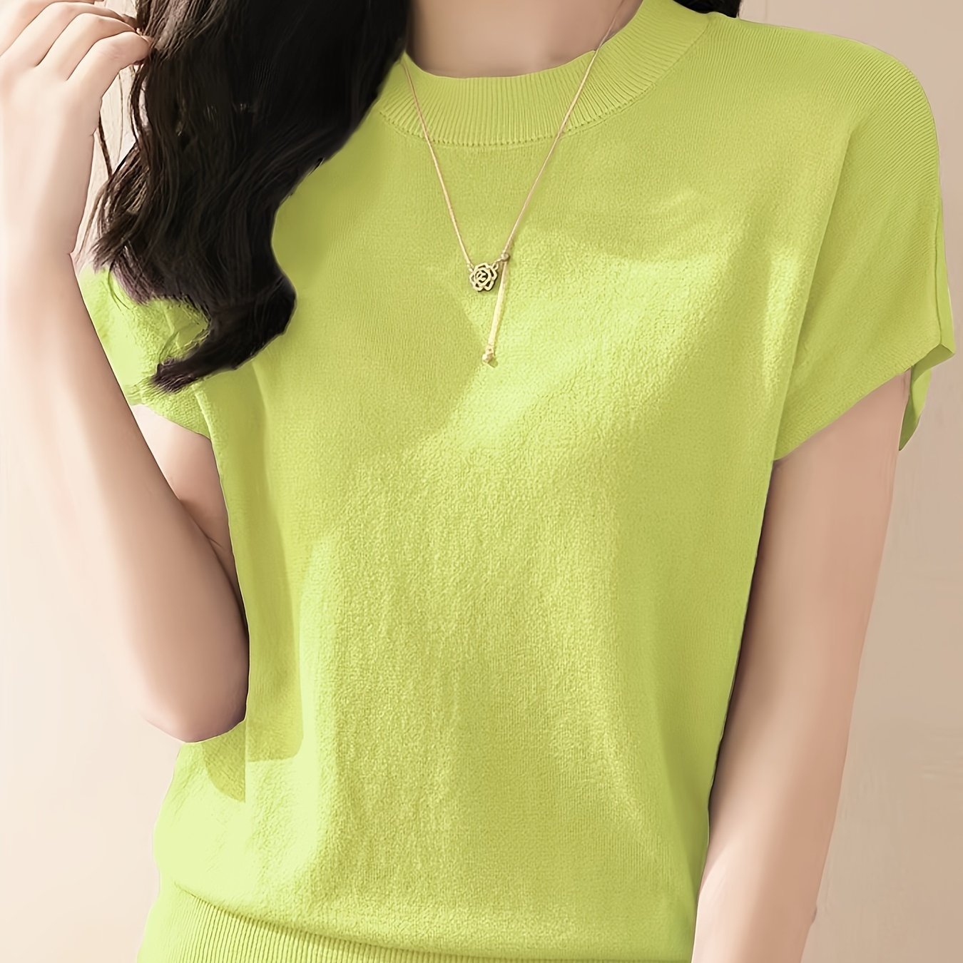 Solid Color Crew Neck Pullover Sweater, Casual Short Sleeve Ribbed Knitted Sweater For Every Day, Women??s Clothing - Image 6