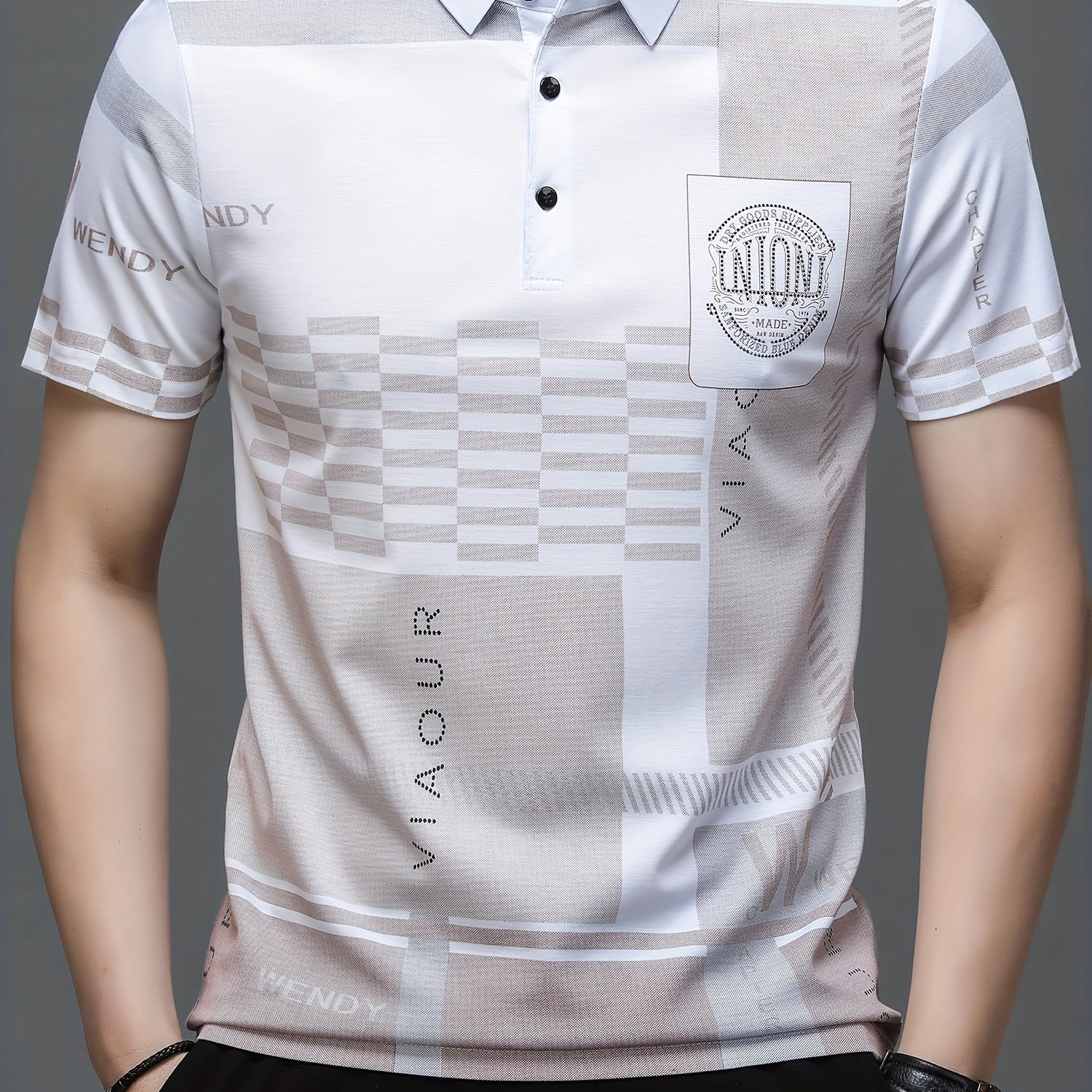 Men??s Irregular Geometric Pattern And Alphabet Print Sports Shirt With Henley Neck, Lapel Collar And Short Sleeve, Casual And Chic Tee For Men, Tops Suitable For Summer Outdoors Activities - Image 3
