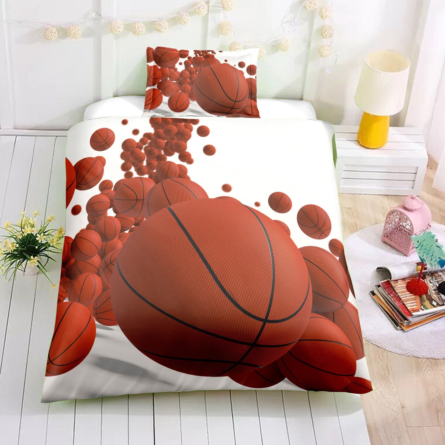 White 2/3-Piece Bouncing Basketball Duvet Cover Set - Image 2