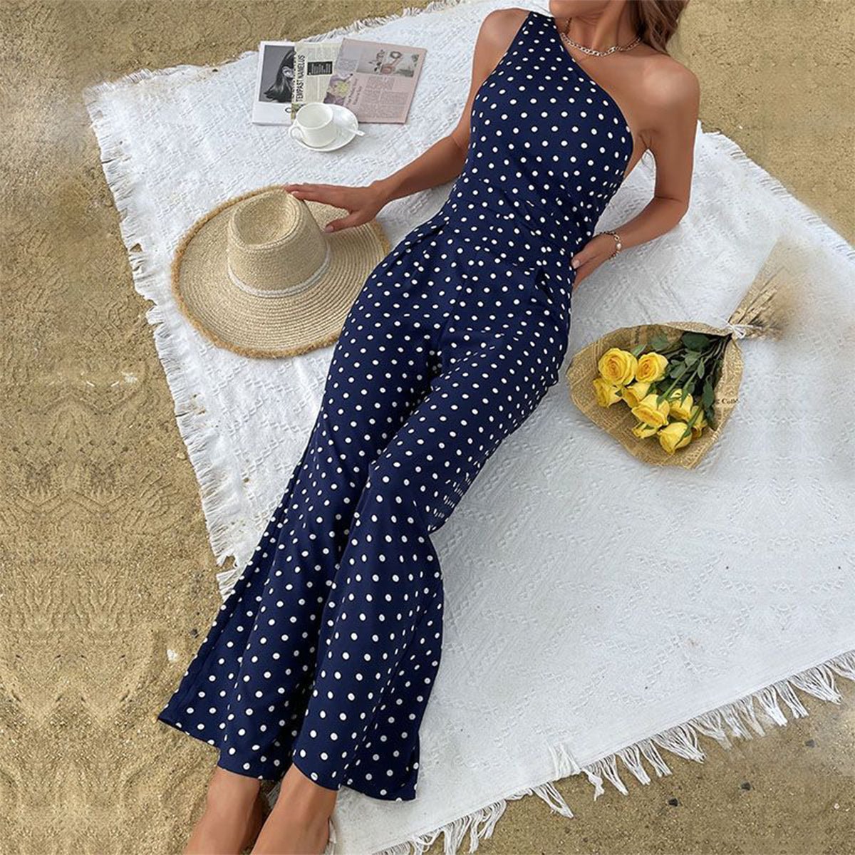 One Shoulder Dots Print Jumpsuit - Image 7