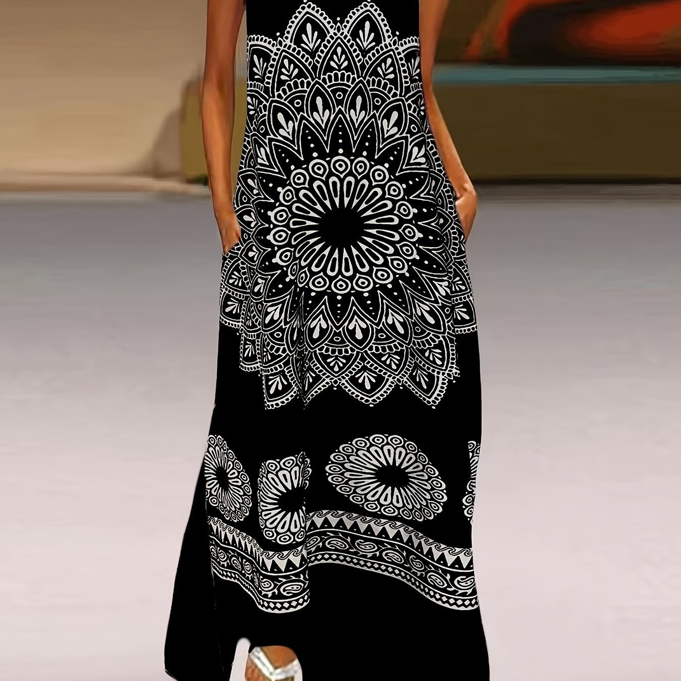 Mandala Floral Print Maxi Dress, Elegant Notched Neck Sleeveless Dress, Women??s Clothing - Image 2