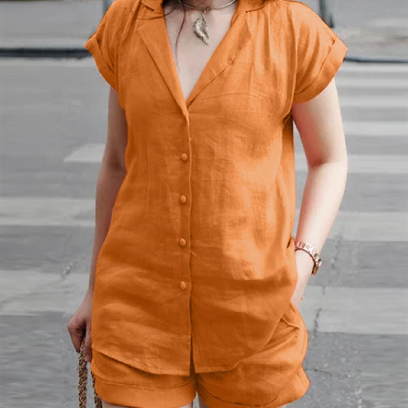 Casual Solid Two-piece Set, Open Front Lapel Neck Top & Skinny High Waist Shorts Outfits, Women??s Clothing - Image 2