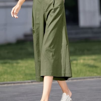 Solid Color Wide Leg Capris Pants, Casual Loose Pants For Spring & Summer, Women??s Clothing