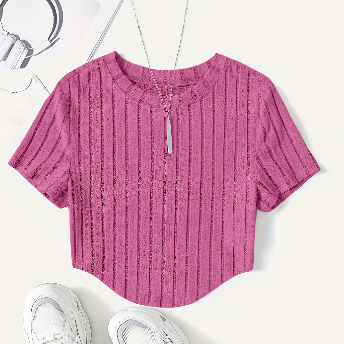 Solid Ribbed Crop T-Shirt, Casual Crew Neck Short Sleeve Top, Women??s Clothing - Image 5
