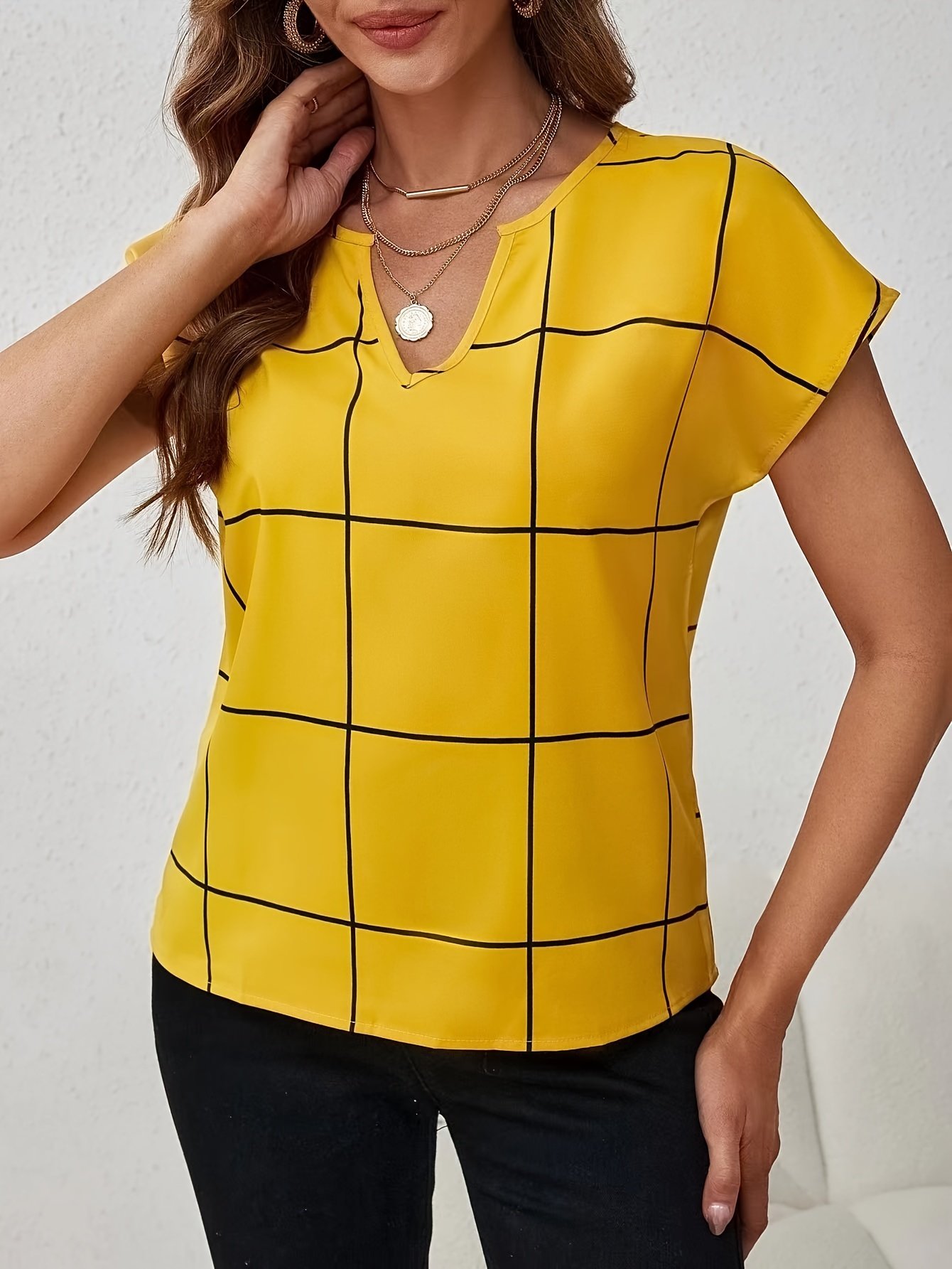 Plaid Print Notched Neck Blouse, Casual Short Sleeve Blouse For Spring & Summer, Women??s Clothing - Image 6