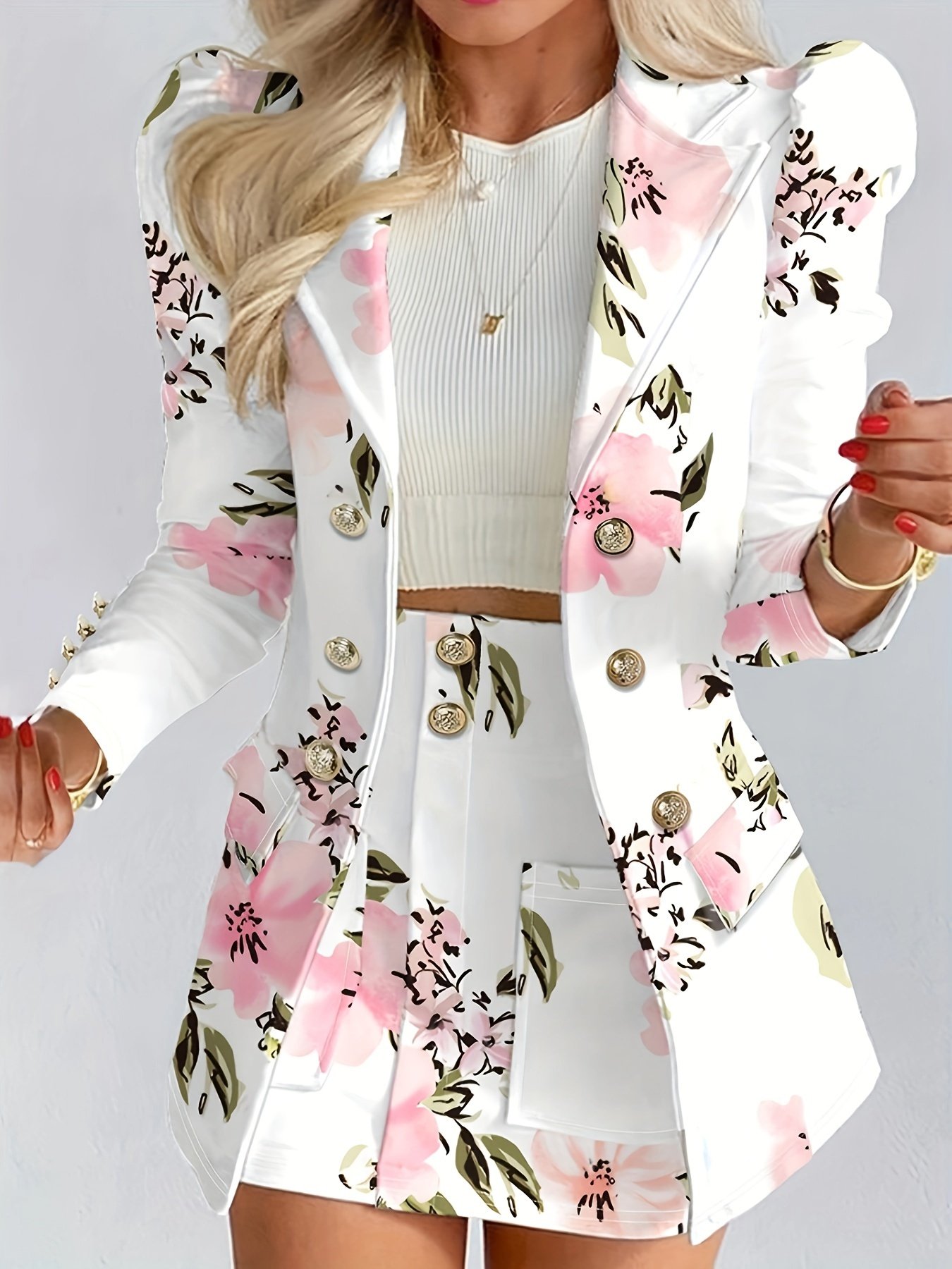 Floral Print Two-piece Suit Set, Elegant Double Breasted Blazer & Bodycon Skirt Outfits, Women??s Clothing