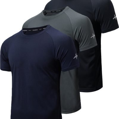 3pcs Men??s Athletic Short Sleeve Crew Neck Moisture-wicking Shirts, Undershirt With Sleeve Electrocardiography Print, Sports Comfy Tee