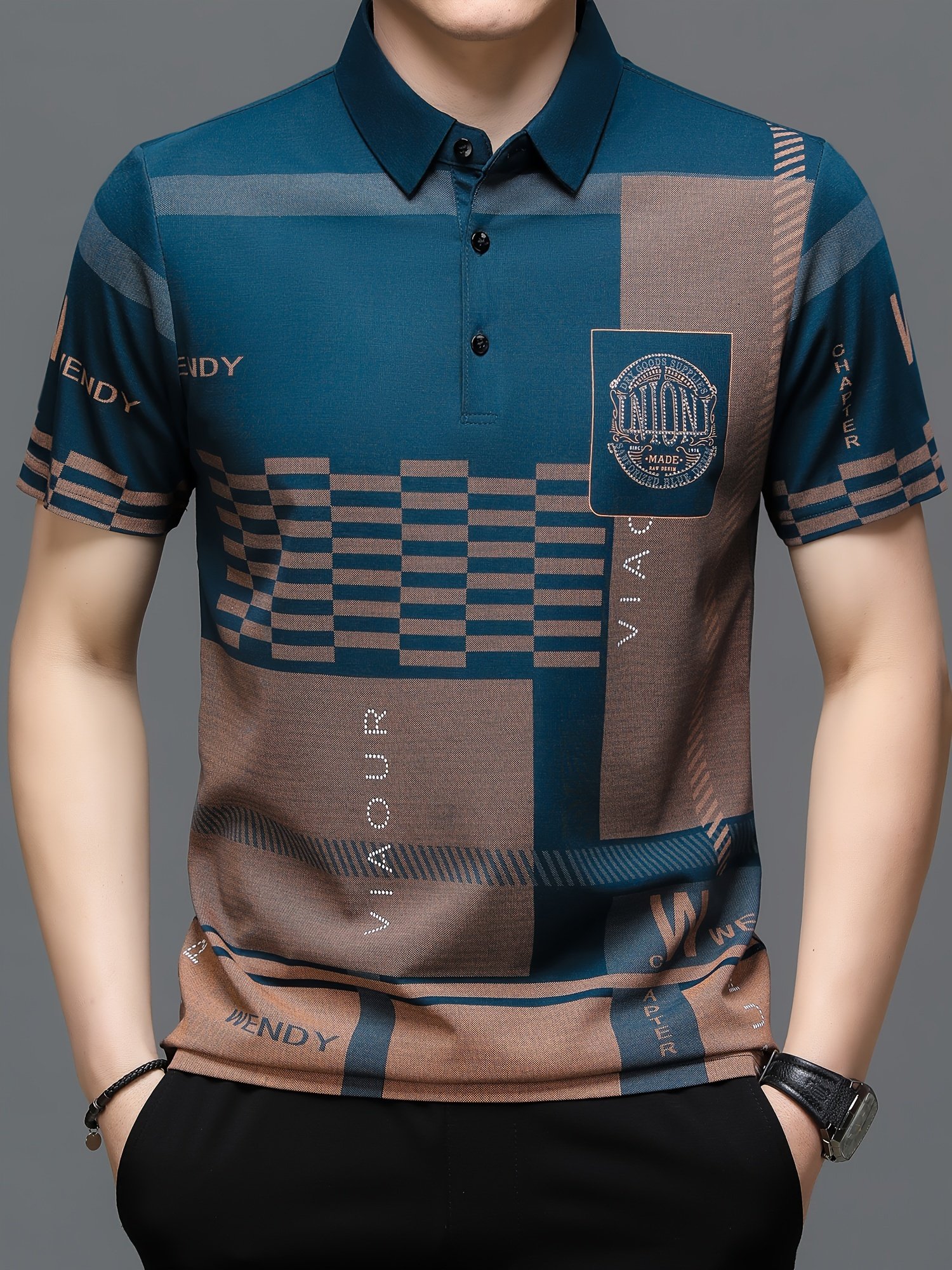 Men??s Irregular Geometric Pattern And Alphabet Print Sports Shirt With Henley Neck, Lapel Collar And Short Sleeve, Casual And Chic Tee For Men, Tops Suitable For Summer Outdoors Activities - Image 8