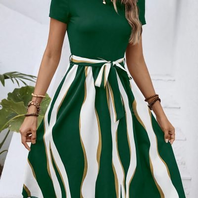 Striped Crew Neck Dress, Elegant Short Sleeve Belted A-line Dress For Spring & Summer, Women??s Clothing