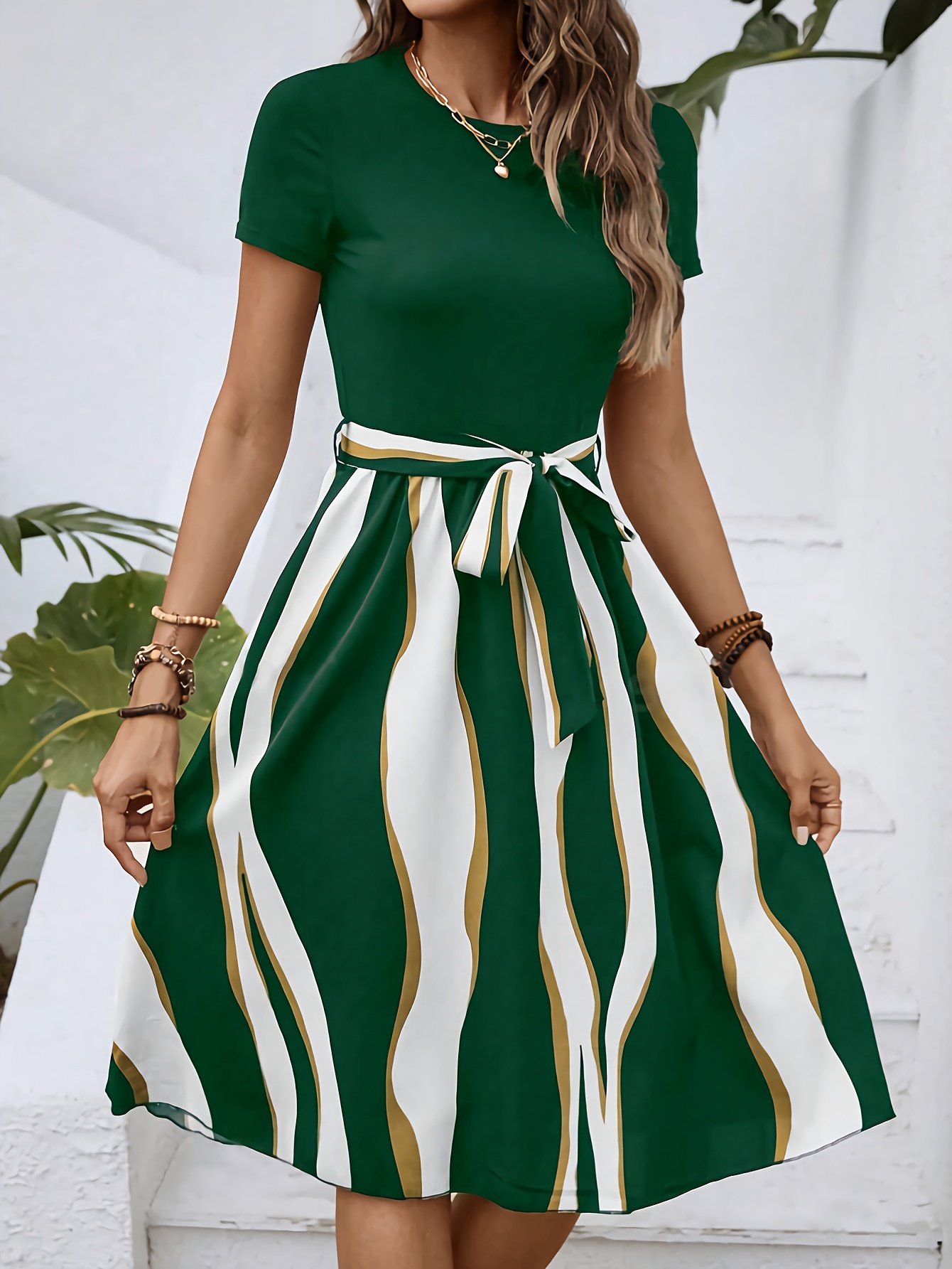 Striped Crew Neck Dress, Elegant Short Sleeve Belted A-line Dress For Spring & Summer, Women??s Clothing