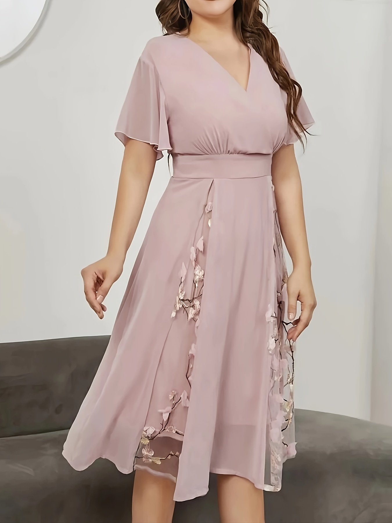 Floral Pattern High Waist Dress, Elegant Surplice Neck Flutter Sleeve Dress, Women??s Clothing For Elegant Dressing - Image 5