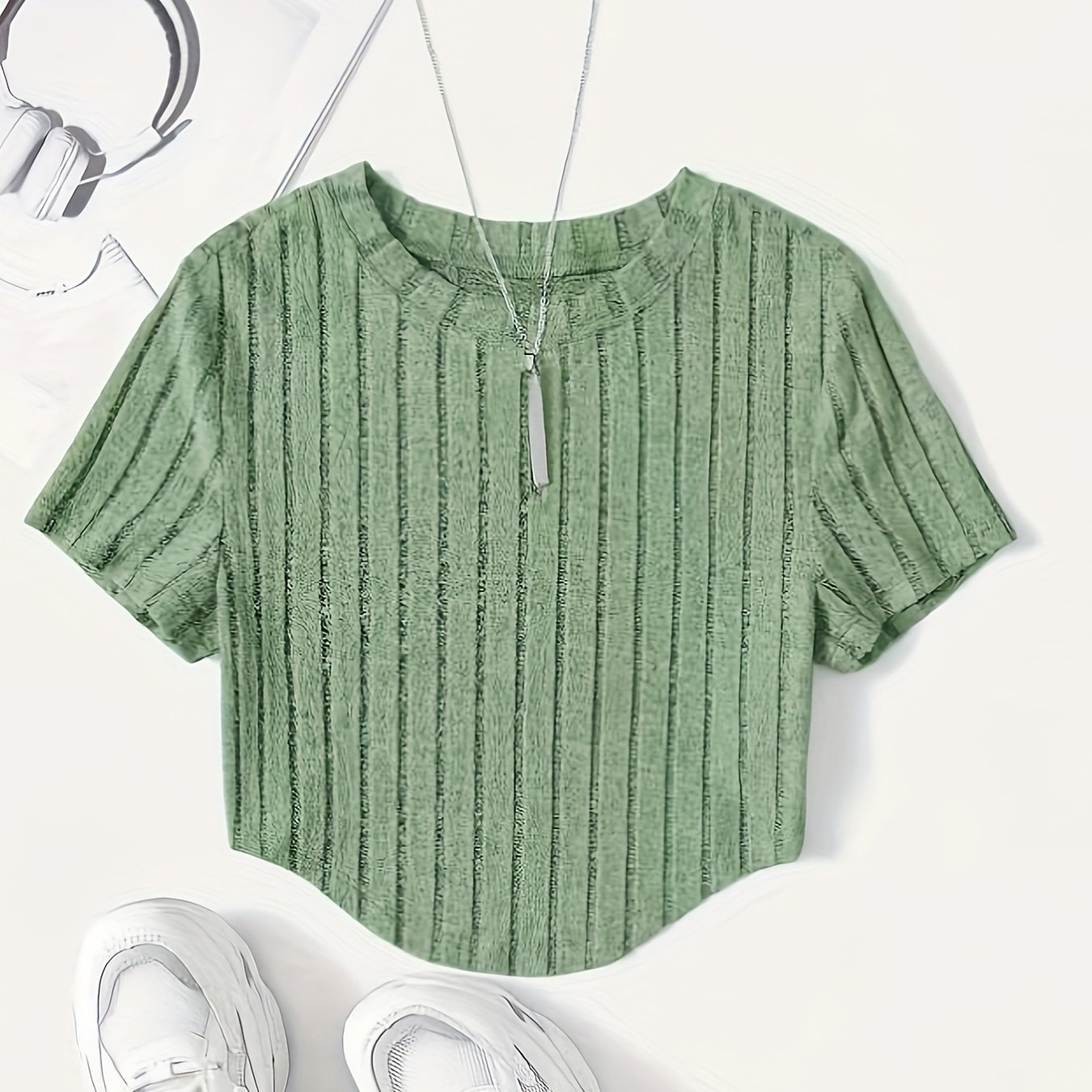 Solid Ribbed Crop T-Shirt, Casual Crew Neck Short Sleeve Top, Women??s Clothing - Image 6