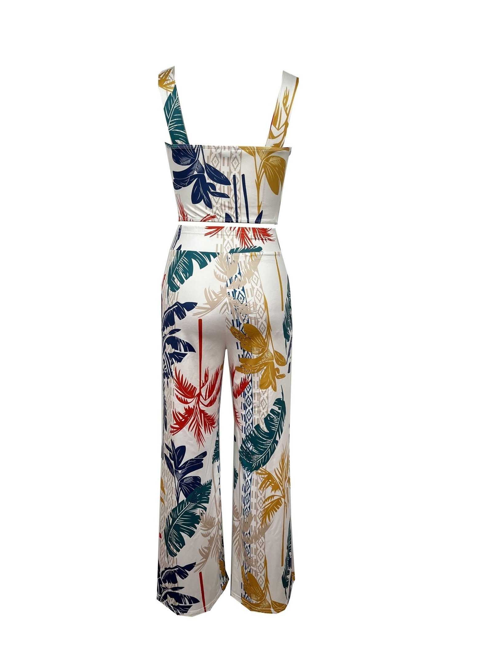 Plant Print Vacation Two-piece Set, V Neck Sleeveless Top & High Waist Wide Leg Pants Outfits, Women??s Clothing - Image 3