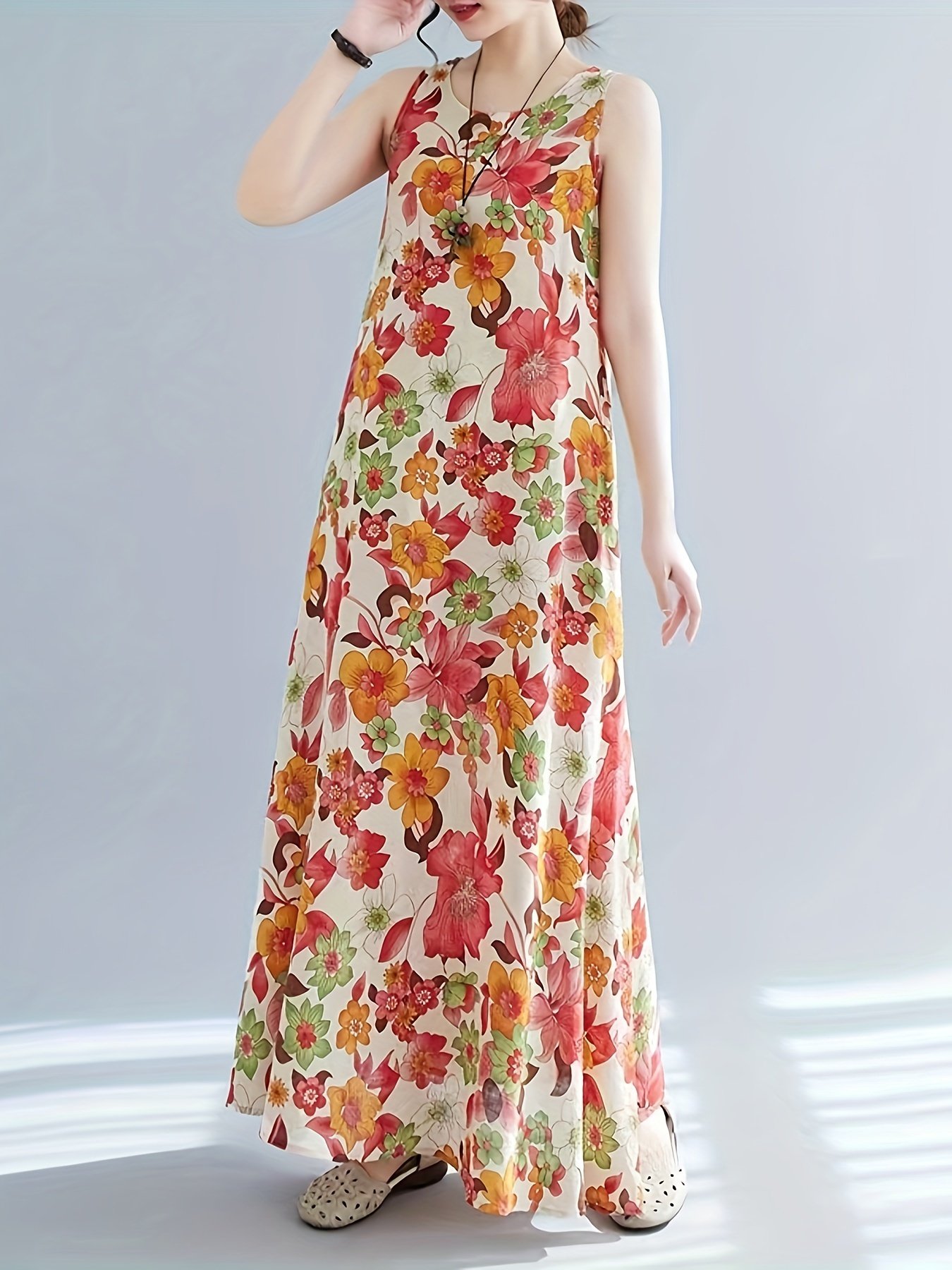 Floral Print Crew Neck Dress, Elegant Sleeveless Dress For Spring & Summer, Women??s Clothing - Image 3