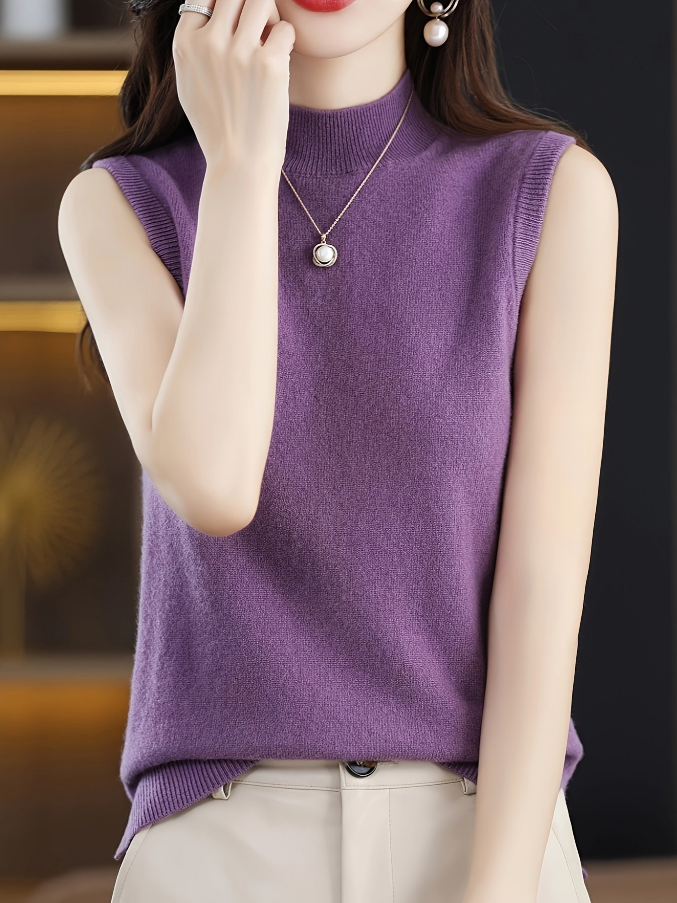 Solid Knit Mock Neck Tank Top, Casual Sleeveless Tank Top, Women??s Clothing