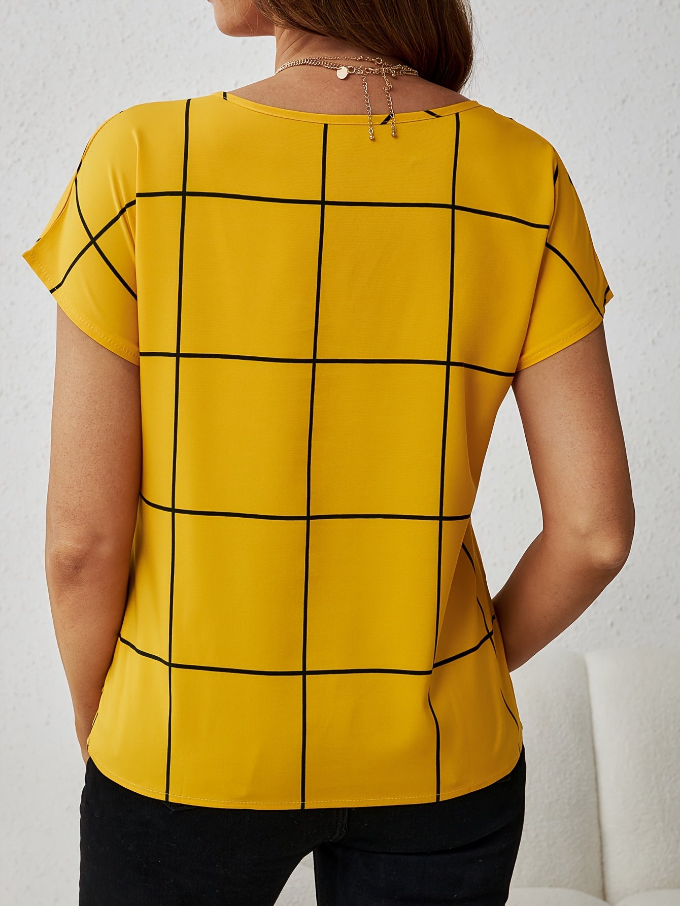 Plaid Print Notched Neck Blouse, Casual Short Sleeve Blouse For Spring & Summer, Women??s Clothing - Image 4