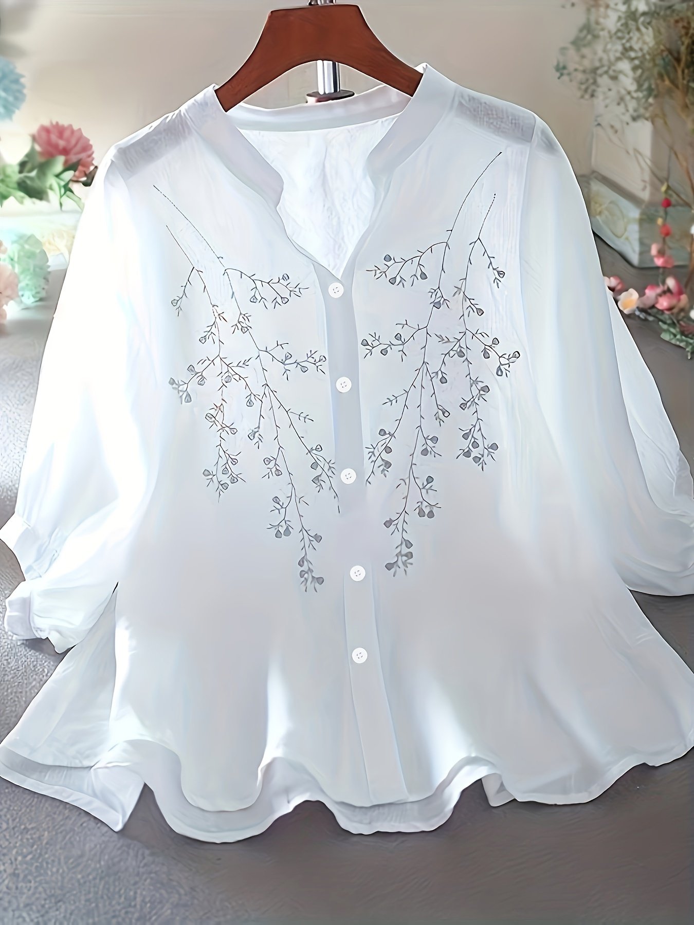 Floral Pattern Simple Blouse, Elegant Button Front Stand Collar Blouse, Women??s Clothing