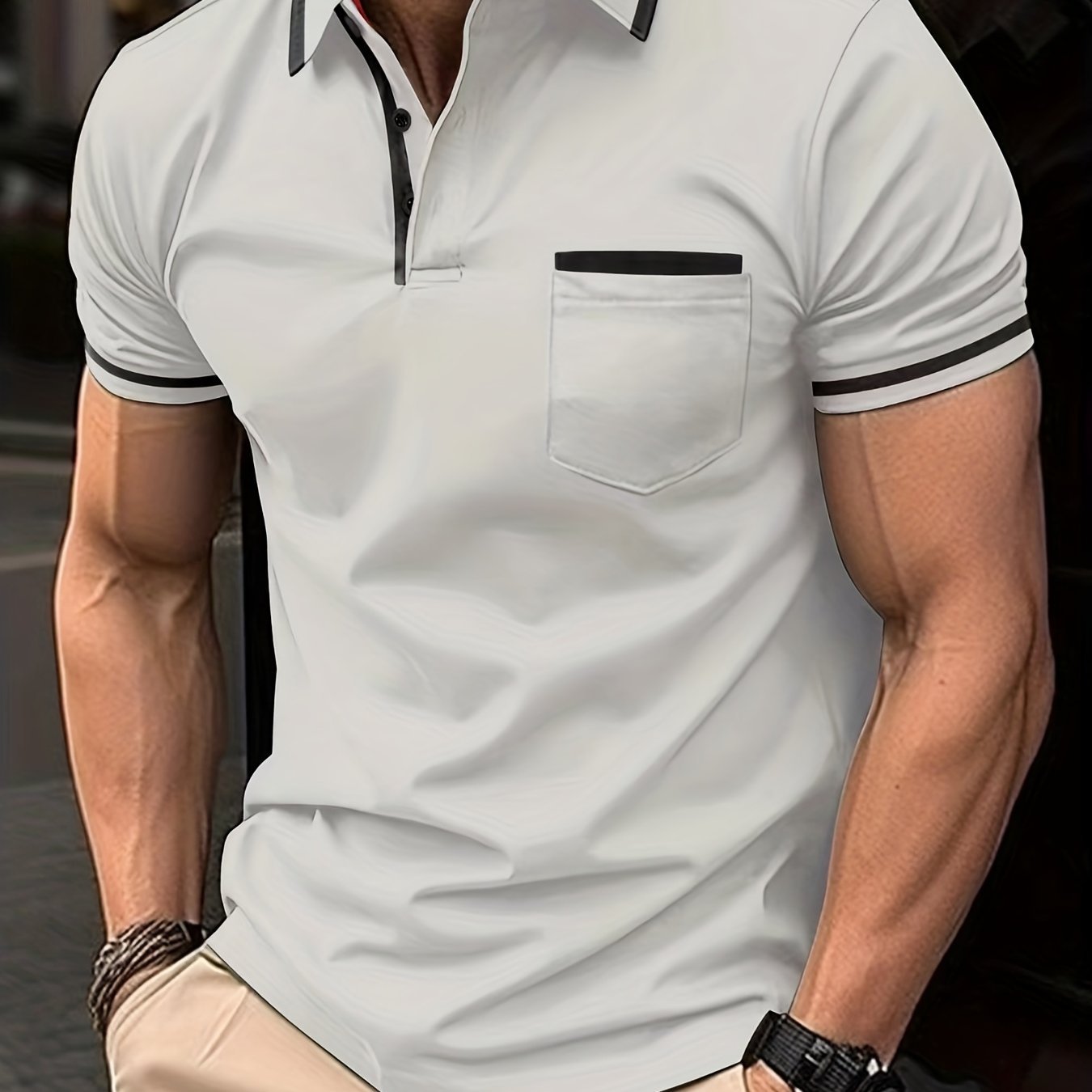 Breathable Regular Fit Men??s Chic Contrast Binding Short Sleeve Golf Shirt With Chest Pocket For Summer, Men??s Clothing - Image 5
