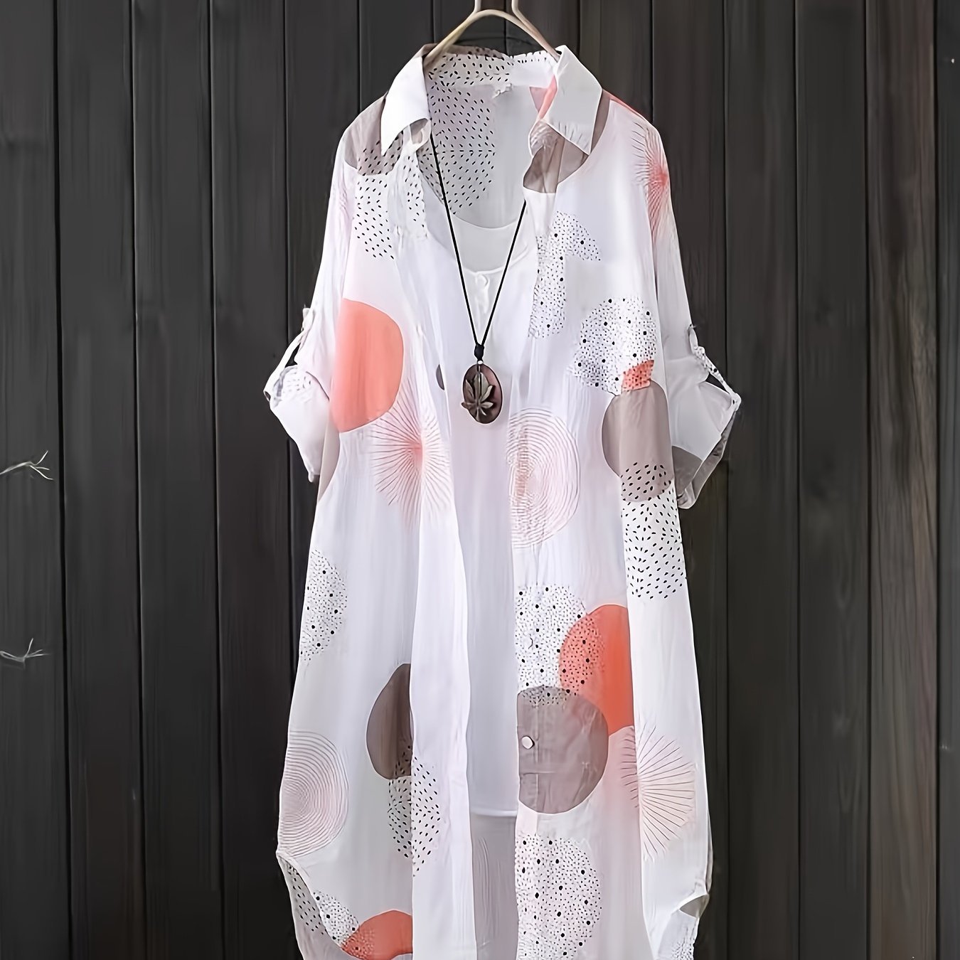 Allover Print Button Front Blouse, Casual Long Sleeve Thigh Length Blouse For Spring & Fall, Women??s Clothing - Image 2